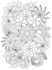 Black and white flower pattern for coloring. Doodle floral drawing. For adult and kids