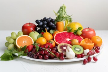 plate of colorful fruits and vegetables, with white plate background, created with generative ai