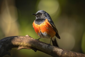 Fototapeta premium male redstart perched on sun-dappled branch, its vibrant feathers shining, created with generative ai