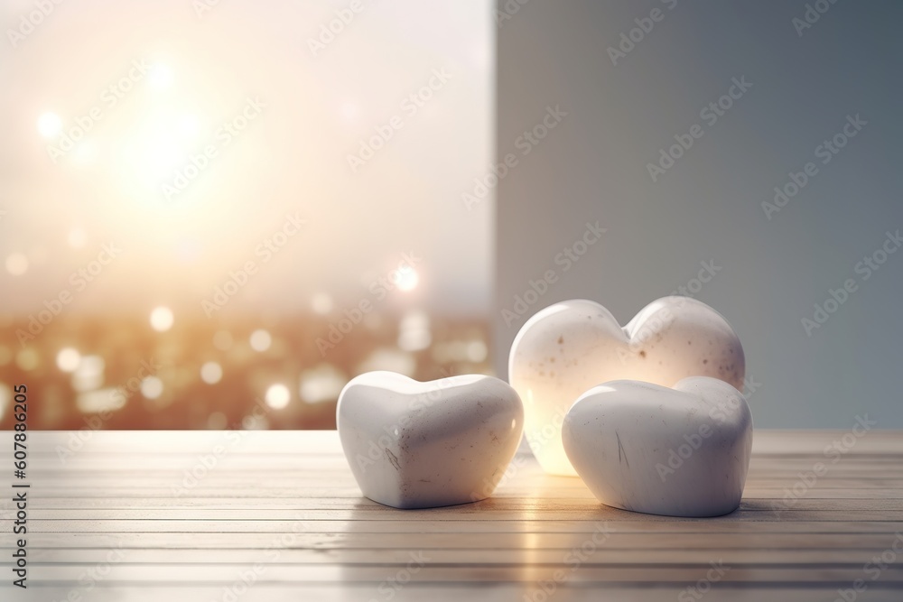 Poster a metropolis may be seen in the distance behind two marshmallows that are seated on a table. generat