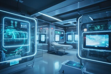 Obraz premium high-tech hospital room with futuristic equipment, including holographic displays and touchscreens, created with generative ai
