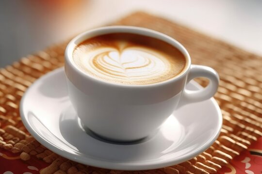 Beautifully presented cup of hot espresso or cappuccino coffee with fascinating latte art served in white cup with blurred background. AI Generated