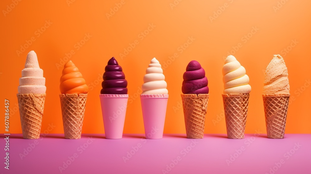 Poster there are five ice cream cones arranged in a row here. generative ai