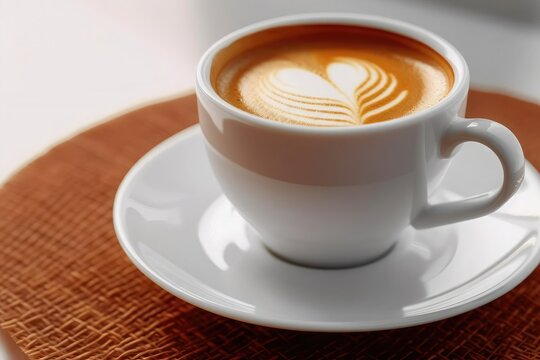 Beautifully presented cup of hot espresso or cappuccino coffee with fascinating latte art served in white cup with blurred background. AI Generated