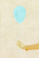 Ilustracja grafika ręka trzymająca niebieski balonik na jasnym beżowym tle.
