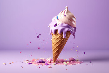 Close-up of melting milk ice cream in a waffle cone, isolated on a flat purple background with copy space. Creative concept for summer cold desserts. Generative AI 3d render illustration imitation.