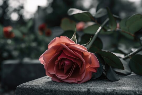 close-up of a single rose, laid upon a headstone, created with generative ai