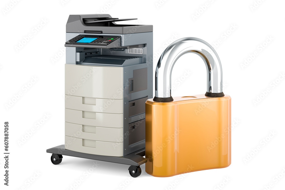 Poster office multifunction printer mfp with padlock. 3d rendering