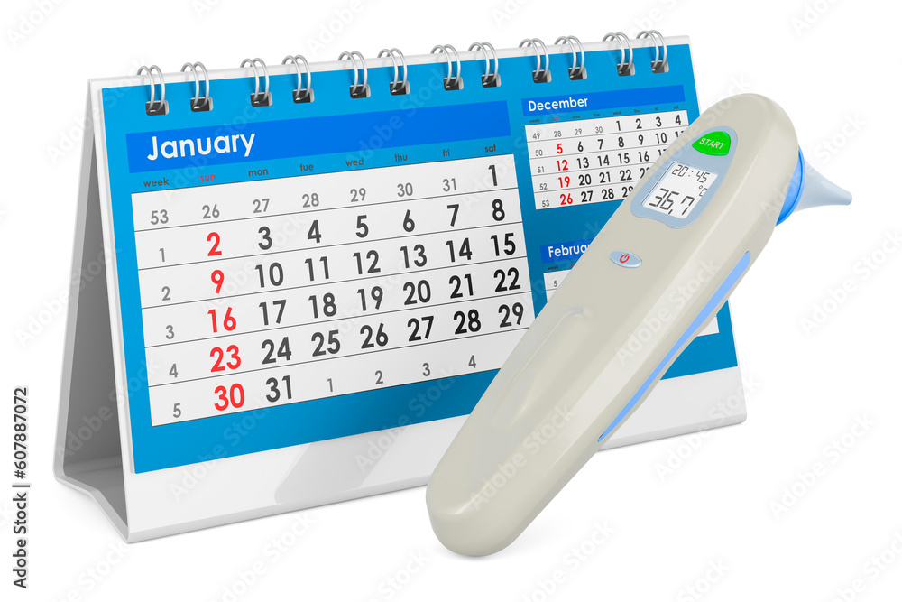 Poster digital forehead and ear thermometer with desk calendar. 3d rendering
