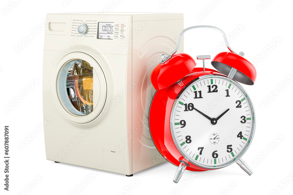 Poster washing machine with alarm clock, 3d rendering