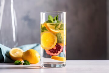 Fototapeta premium glass of fruit-infused water with slice of lemon and mint, created with generative ai
