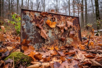 rusted metal sign with fallen leaves in the background, created with generative ai