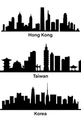 Set of cities silhouette in Asia, Hong Kong, Taiwan and Korea.