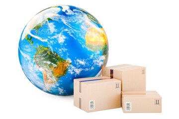 Three parcels with Earth Globe. 3D rendering