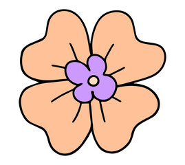 Flower in trendy retro cartoon groovy style. Symbols, chamomile flowers, rainbow, hippie stickers. Vector illustration.
