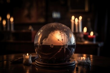 magic crystal ball, surrounded by candles and incense, with focus on calm and peaceful atmosphere, created with generative ai