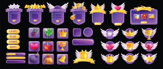3D UI game asset set, GUI button interface vector design elements, mobile video app icon menu kit. Golden crown, winner star badge, window banner frame, level up border ribbon. UI game prize indicator © Oleksandra