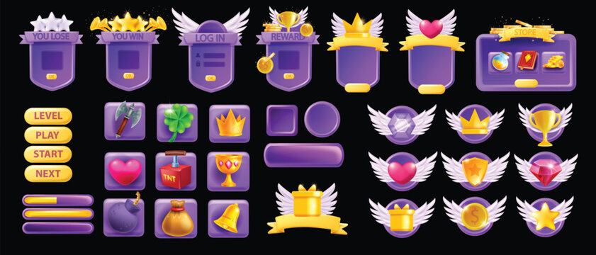 3D UI game asset set, GUI button interface vector design elements, mobile video app icon menu kit. Golden crown, winner star badge, window banner frame, level up border ribbon. UI game prize indicator