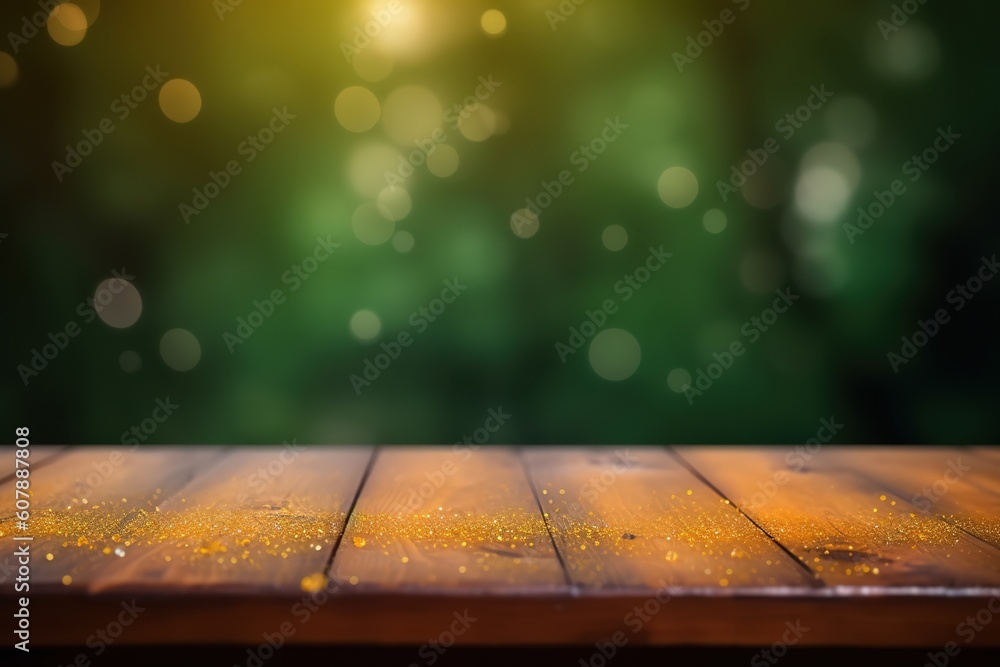 Poster a tabletop made of wood, with a hazy backdrop generative ai