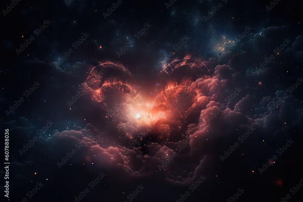 Sticker heart-shaped nebula with surrounding stars in the night sky, created with generative ai