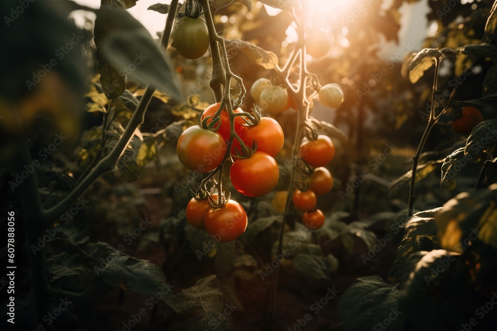 Poster a cluster of tomatoes grown on a vine and dangling from it generative ai