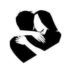 Romantic embrace of two lovers black and white icon, newlyweds, young people. Loving couple hugging vector silhouette., valentines day. The concept of emotional support, comfort someone.