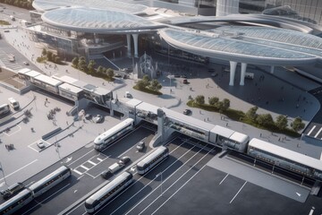 transportation hub, with connected cars, buses, and trains coming and going, created with generative ai