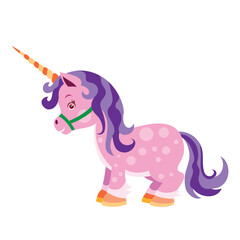 cartoon illustration, pink unicorn with a big horn and a purple mane, isolated object on a white background, vector,