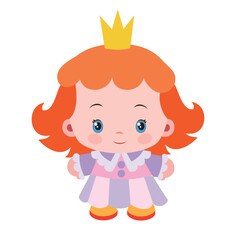 cartoon illustration, cute princess with red hair and a small crown on her head, isolated object on a white background, vector,