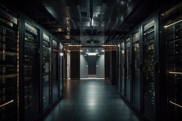 data center filled with sleek and powerful servers, humming in the background, created with generative ai