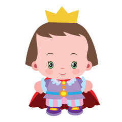 cartoon illustration, sweet prince with a big head with a crown on his head and in a cloak, isolated object on a white background, vetor,