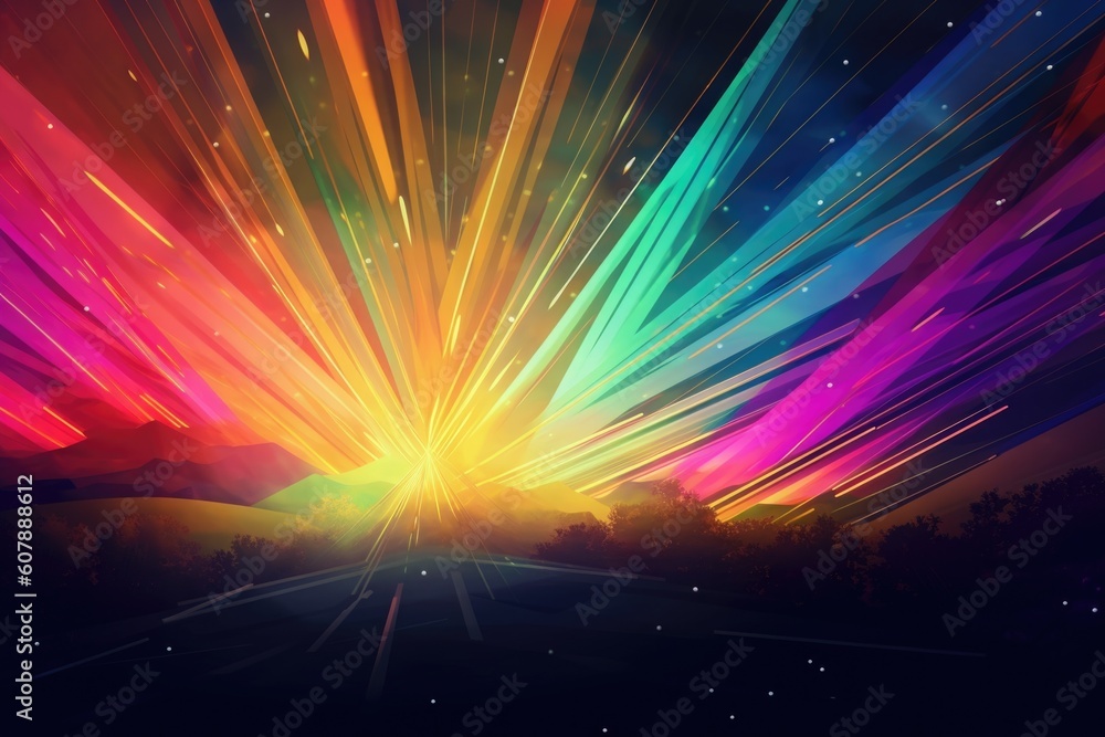 Wall mural abstract landscape with rays of light and prismatic colors, created with generative ai