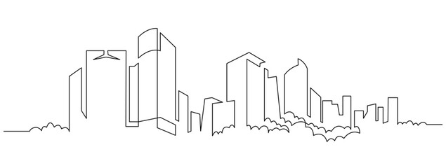Modern cityscape continuous one line vector drawing. Metropolis architecture panoramic landscape. Seoul skyscrapers hand drawn silhouette. Apartment buildings isolated minimalistic illustration