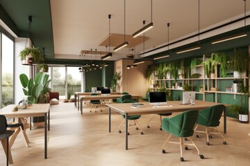 co-working space with interiors inspired by nature and greenery, created with generative ai