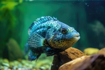 Fototapeta premium exotic pet, swimming in crystal-clear water of tranquil aquarium, created with generative ai