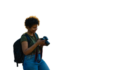 Happy young black African American female photojournalist with dark curly hair checking contentedly and smiling with the result of photos taken with a digital reflex camera against PNG background