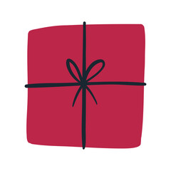 Hand drawn gift box in viva magenta color, top view - flat vector illustration isolated on white background. Cute present with bow, Christmas or birthday holiday celebration.