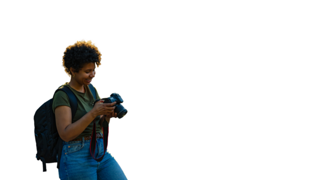 Happy young black African American female photojournalist with dark curly hair checking contentedly and smiling with the result of photos taken with a digital reflex camera against PNG background
