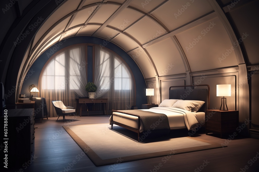 Poster a room that has a huge bed in addition to a large window generative ai