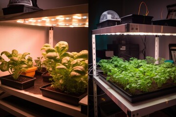 detailed view of home-grow setup, with close-ups of lighting and irrigation systems, created with generative ai