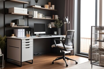 organized home office with sleek desk, ergonomic chair, and tidy filing cabinet, created with generative ai - obrazy, fototapety, plakaty