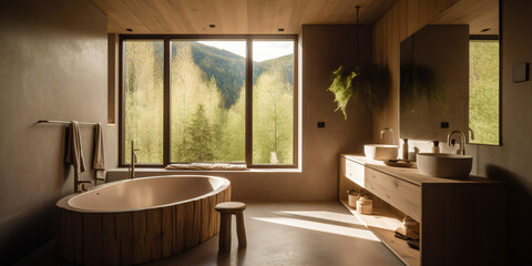 luxurious bathroom with beautiful views of nature, fictional interior made with generative ai