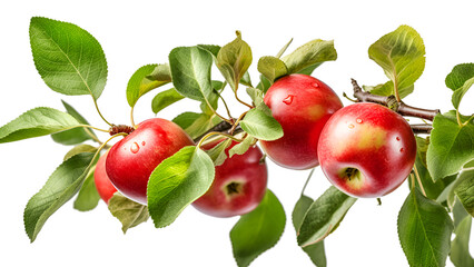 Isolated closeup apple tree branch with ripe red apples and green leaves on transparent background. Concept organic, local, season fruits and harvesting. Generative ai