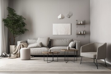 minimalist living room with comfortable sofa and stylish accessories, created with generative ai