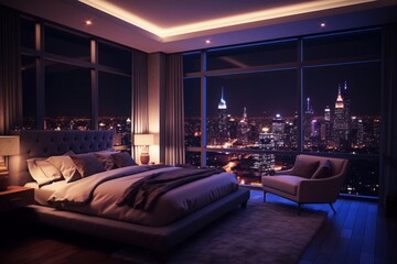 Generative AI illustration of luxury penthouse bedroom at night