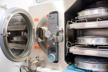 surgical instruments being sterilized in specialized autoclave, with indicator light and steam visible, created with generative ai