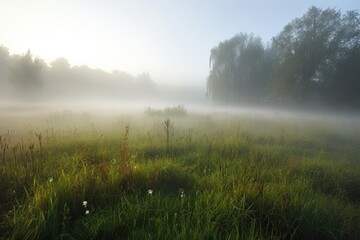misty meadow with fog rolling over the grass and dew on the ground, created with generative ai