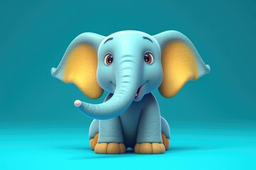 Funny image of a 3D cartoon elephant in blue and yellow colors with a blue background. Generative AI