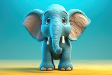Funny image of a 3D cartoon elephant in blue and yellow colors with a blue background. Generative AI