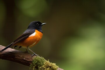 male redstart bird perched on branch, with stunning view of the forest, created with generative ai